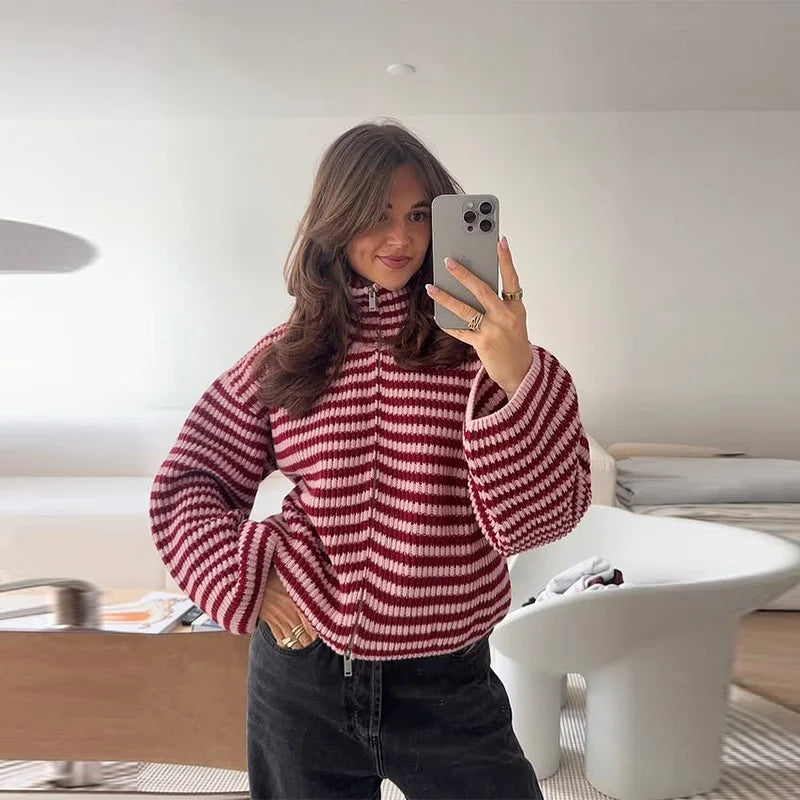 Loose Striped Women's Knit Cardigan