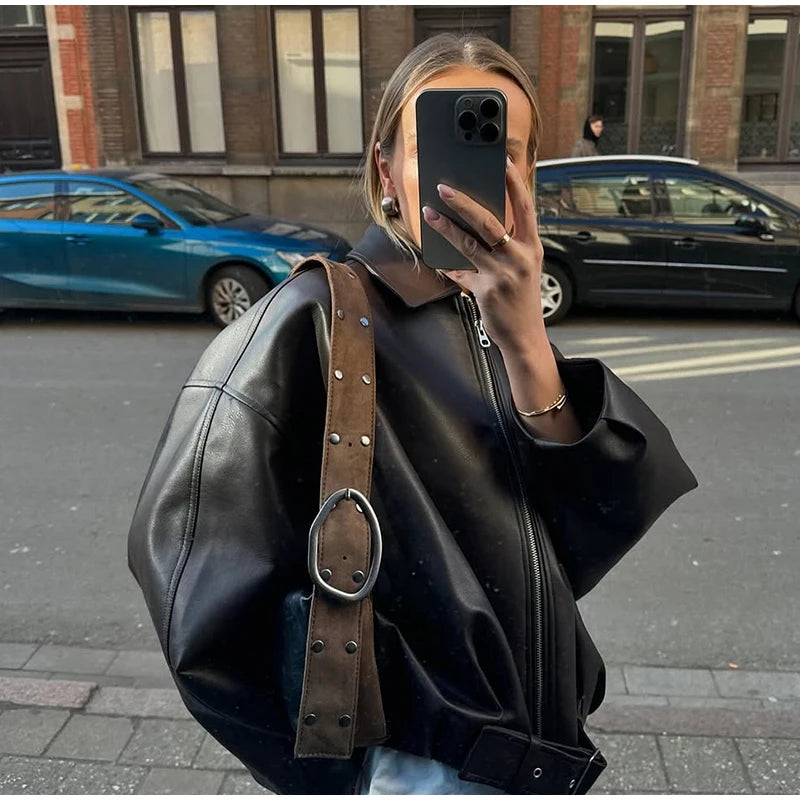 Vintage PU Leather Bomber Jacket