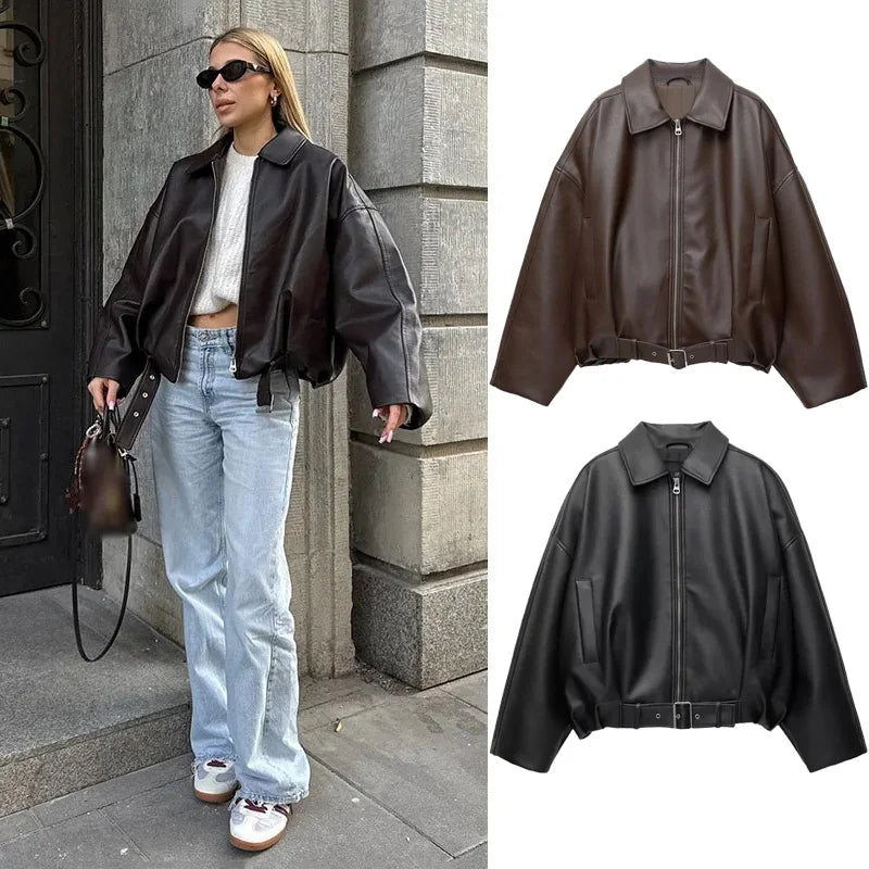 Vintage PU Leather Bomber Jacket
