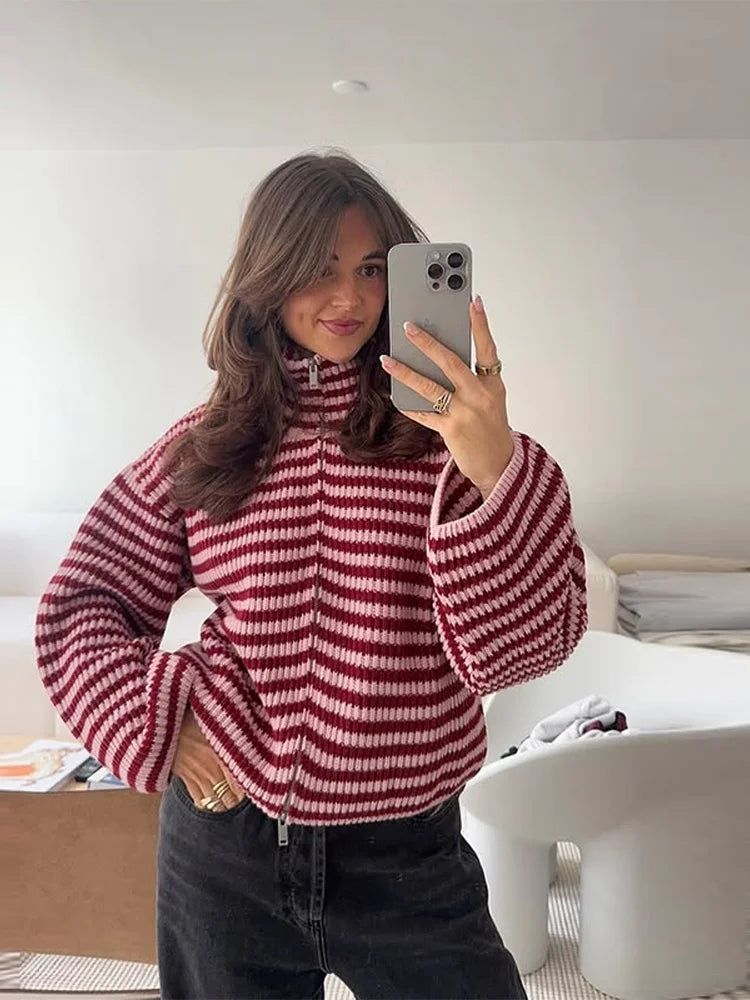 Loose Striped Women's Knit Cardigan