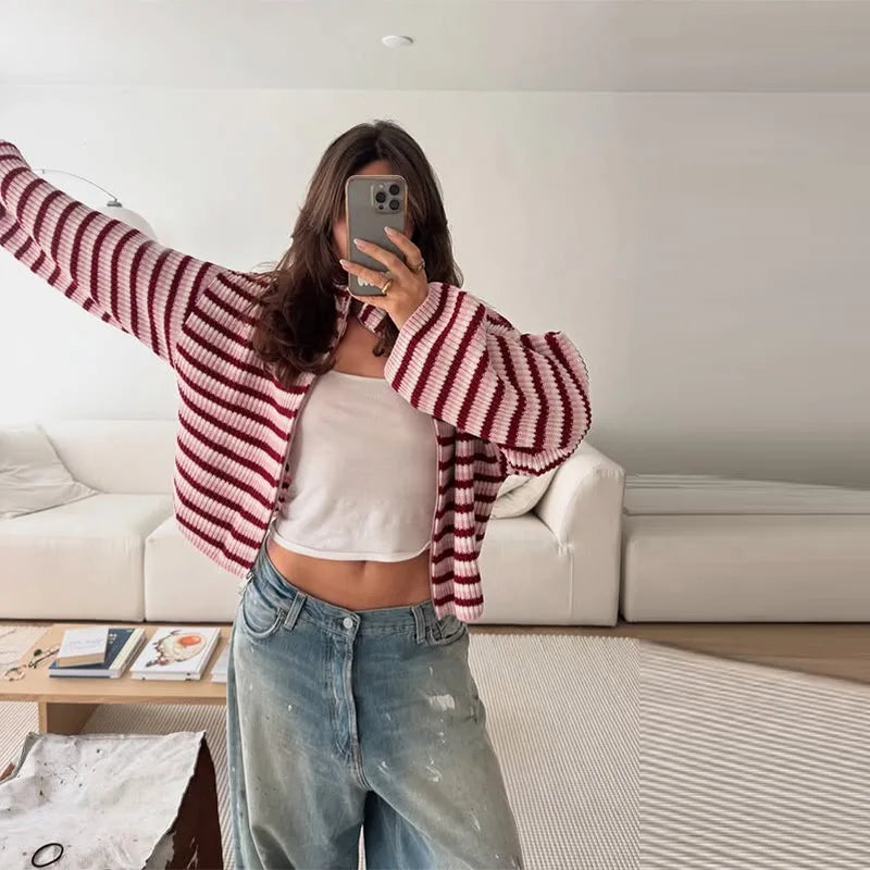 Loose Striped Women's Knit Cardigan