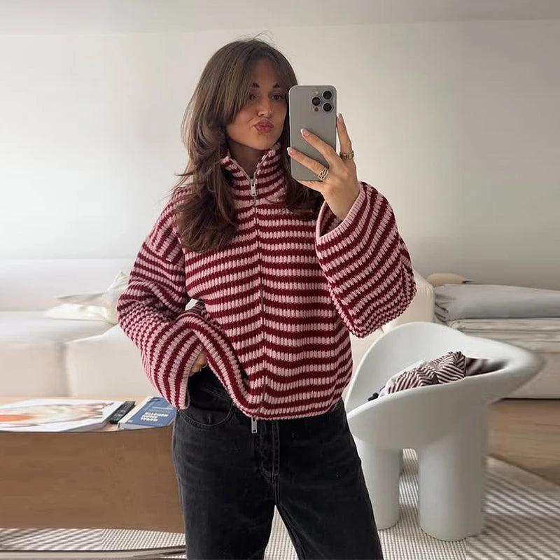 Loose Striped Women's Knit Cardigan