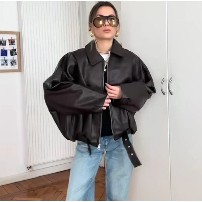 Vintage PU Leather Bomber Jacket